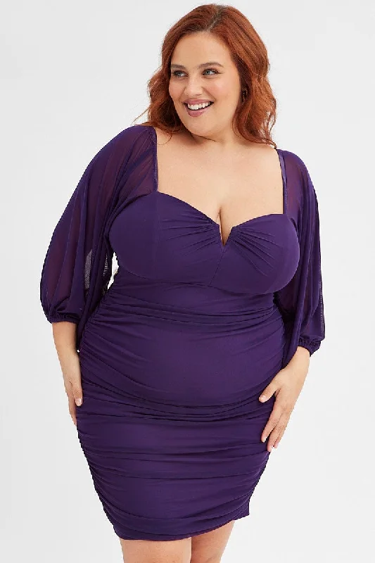 Women's bodycon dress sleek flair -Purple Bodycon Dress Mesh Balloon Sleeve Ruched Mini