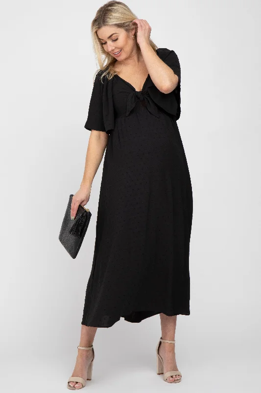 ladies-midi-dress-slate-sway-Black Textured Dot Front Tie Ruffle Sleeve Maternity Midi Dress