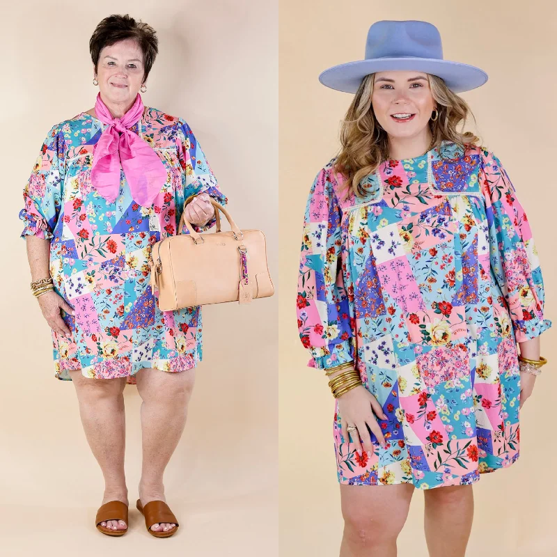 ladies-floral-dress-edgy-ember-Floral Paradise Floral Patch Pattern Dress in Blue and Pink