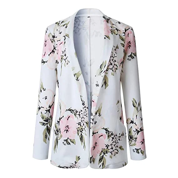 ladies-floral-dress-polka-pansy-Women Vintage Floral Zip Up Office Blazer Jacket Open Front Coat Outerwear S3832473