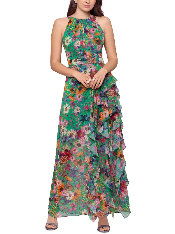 ladies-floral-dress-cotton-coral-Petites Womens Floral Long Halter Dress