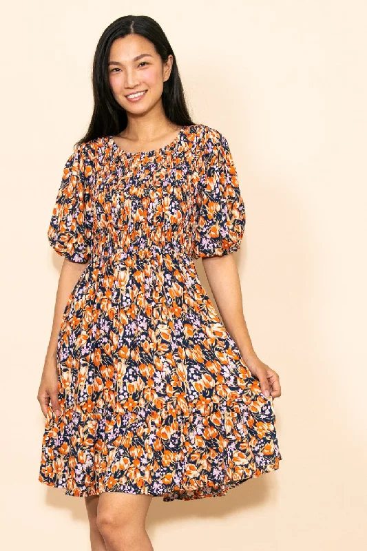 ladies-floral-dress-designer-daisy-Navy Floral Smocked Puff Sleeve Dress