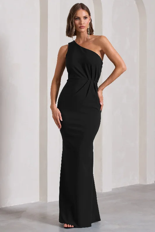 ladies-maxi-dress-tiered-tide-Michelle | Black One-Shoulder Gathered Maxi Dress