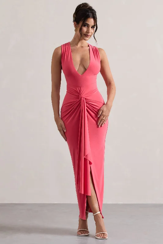 ladies-maxi-dress-tropical-tide-Santana | Coral Plunge-Neck Split Maxi Dress With Knot Detail