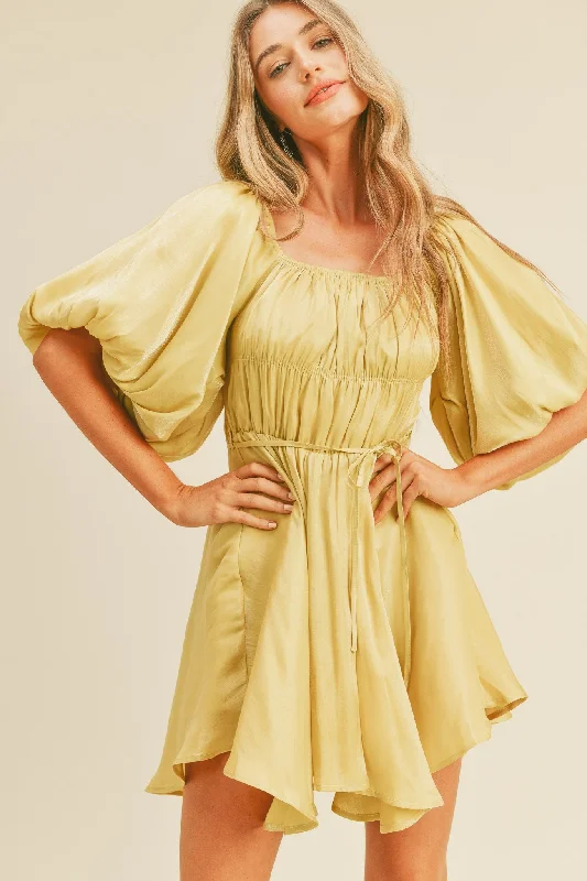 Women's mini dress clan chic -Yellow Metallic Bubble Sleeve Flared Mini Dress