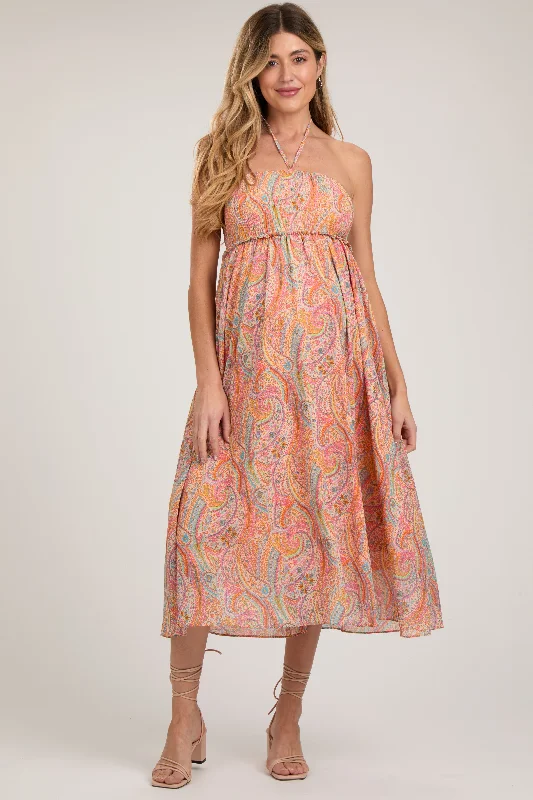 ladies-midi-dress-keyhole-kiss-Coral Paisley Halter Smocked Maternity Midi Dress