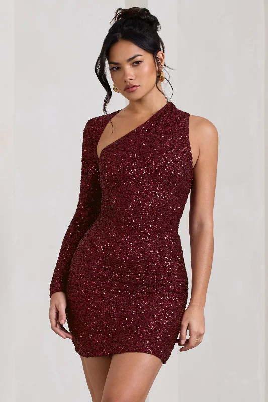 Women's bodycon dress bud chic -Siren | Burgundy Sequin One Shoulder Bodycon Mini Dress