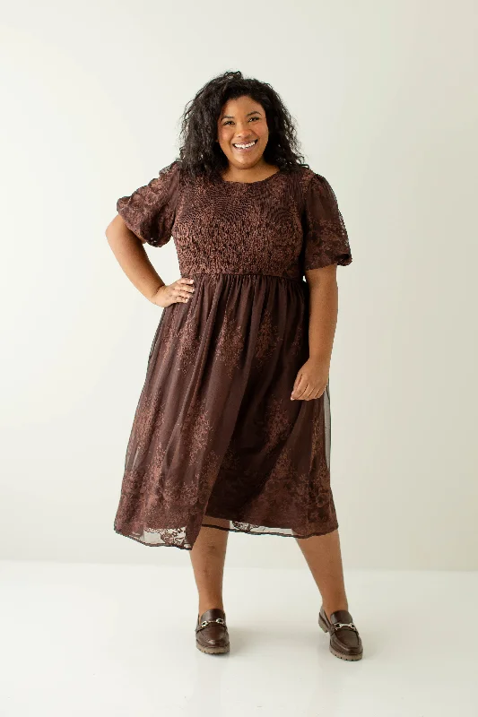 ladies-floral-dress-flowy-fern-Plus 'Alyssa' Smocked Bodice Embroidered Floral Dress in Chocolate