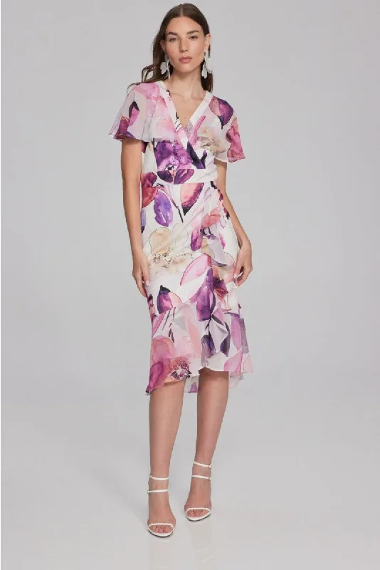 ladies-floral-dress-flattering-fawn-Joseph Ribkoff Vanilla/Multi Floral Print Ruffled Faux Wrap Trumpet Dress 241732