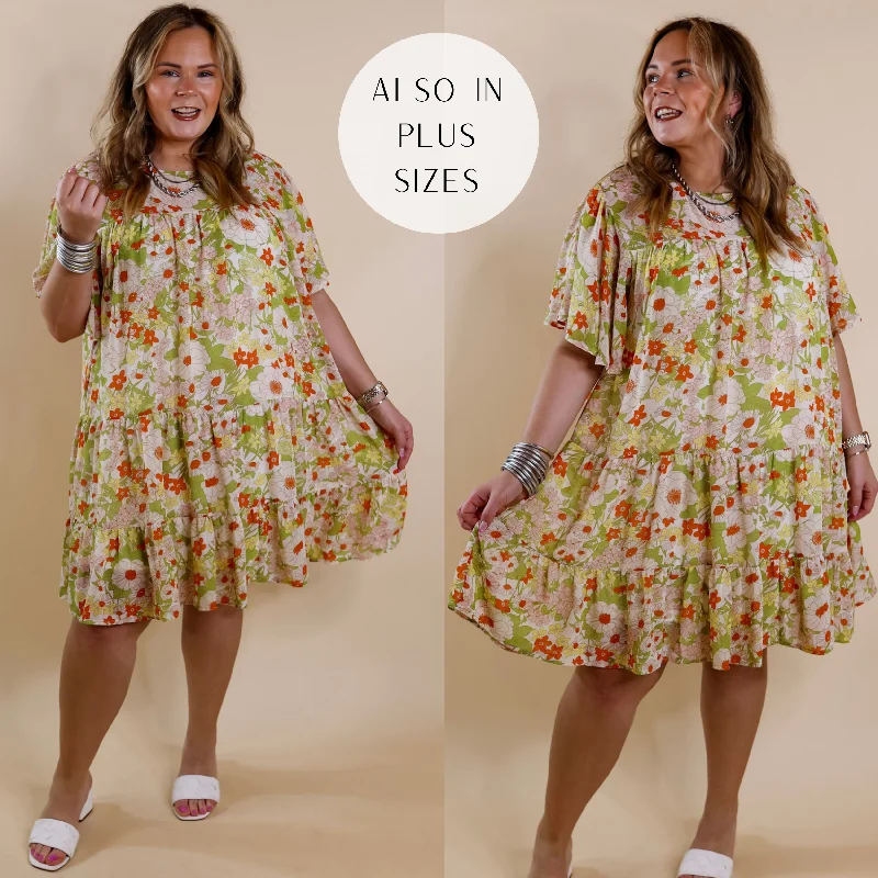 ladies-floral-dress-day-to-dusk-Last Chance Size Small, Medium & XL | State of Bliss Ruffle Tiered Floral Dress in Lime Green and Orange