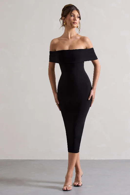 Women's bodycon dress rush flair -Averie | Black Bodycon Bardot Midi Dress