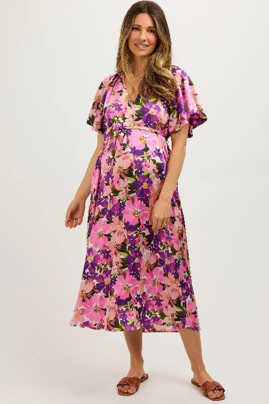 ladies-midi-dress-shimmer-sweep-Violet Floral V-Neck Short Puff Sleeve Tie Waist Satin Maternity Midi Dress