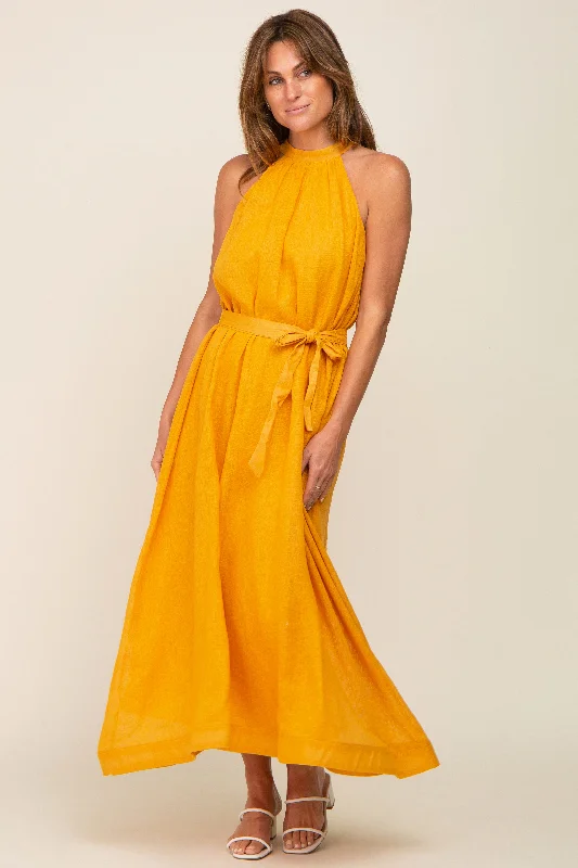 ladies-midi-dress-playful-prance-Yellow Linen A-line Midi Dress