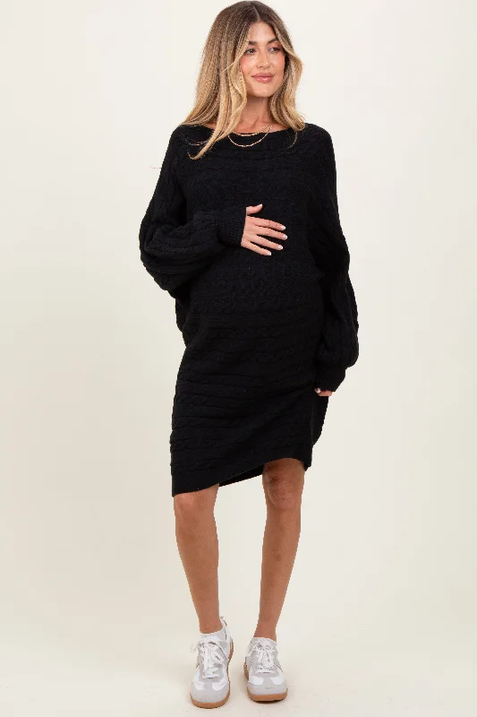 Women's mini dress brim pop -Black Cable Knit Dolman Sleeve Maternity Sweater Mini Dress