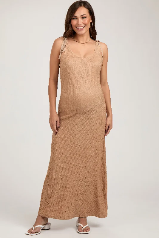 ladies-midi-dress-petite-poise-Mocha Textured Tie Strap Maternity Midi Dress