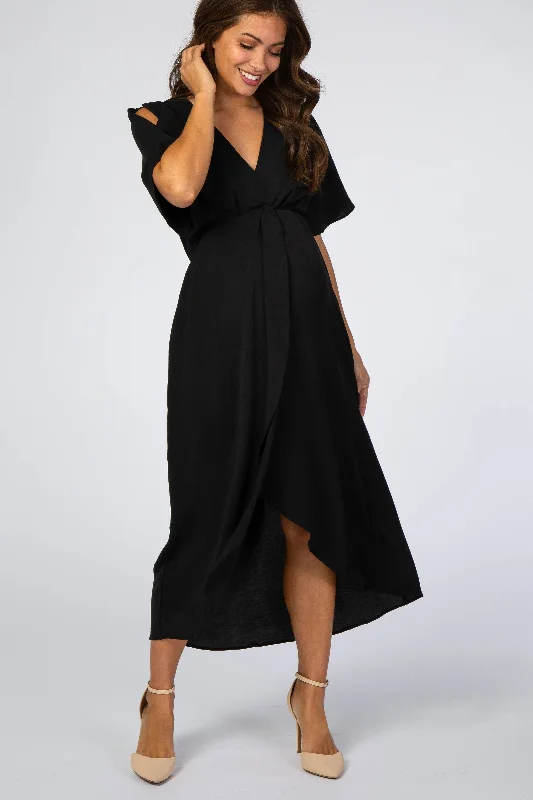 ladies-midi-dress-black-beauty-Black Open Sleeve Maternity Wrap Midi Dress