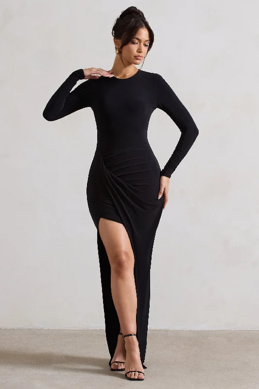 ladies-maxi-dress-winter-warm-Rebekah | Black Long-Sleeve Wrap Maxi Dress