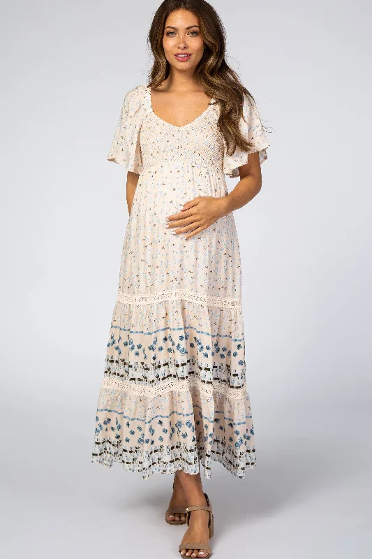 ladies-midi-dress-stretchy-sweep-Light Pink Printed Smocked Maternity Midi Dress