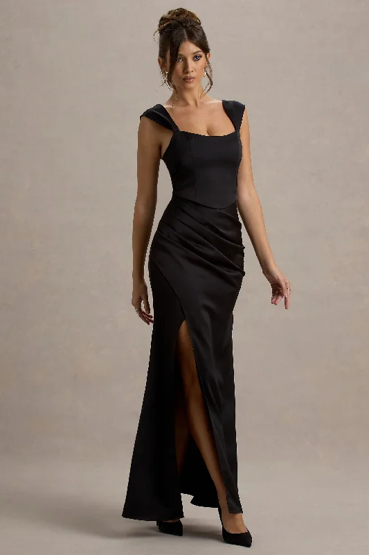 ladies-maxi-dress-sleeveless-sweep-Admire | Black Satin Corset Wrap Maxi Dress