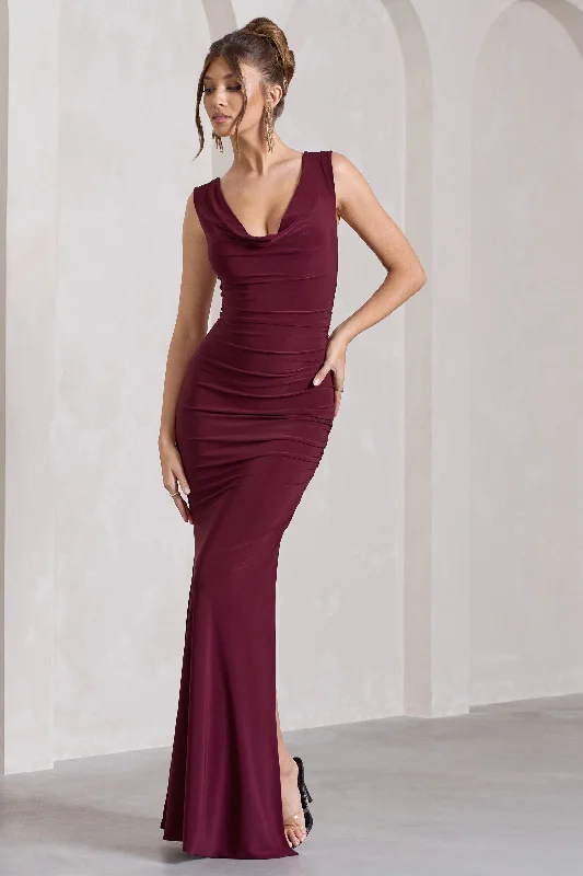 ladies-maxi-dress-smocked-sway-Lolita | Burgundy Ruched Cowl-Neck Sleeveless Maxi Dress