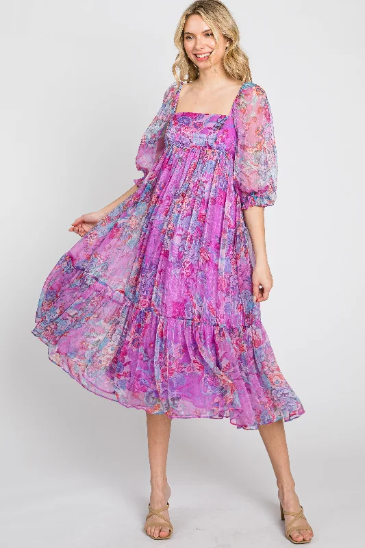 ladies-midi-dress-limited-luxe-Pink Floral Shimmer Chiffon Midi Dress