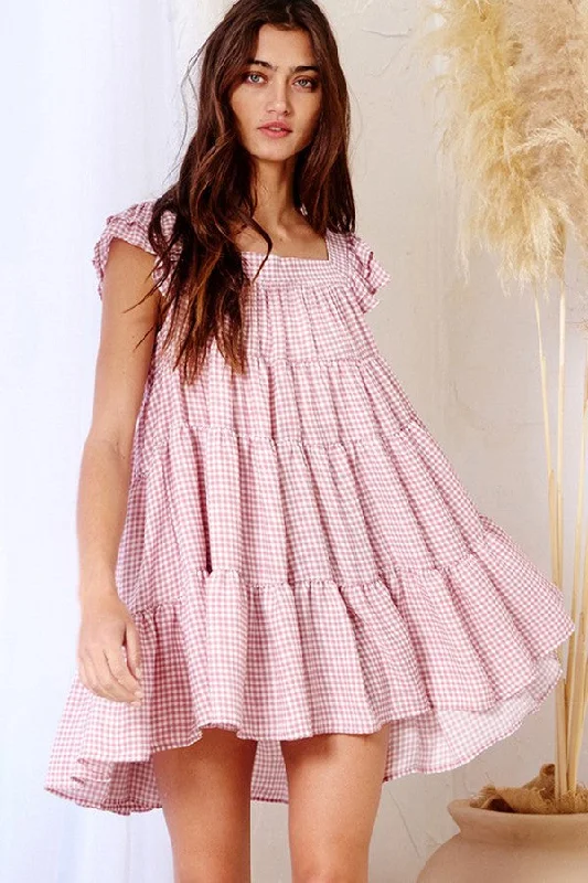 Women's mini dress wide flair -Mauve Gingham Print Tiered Babydoll Mini Dress