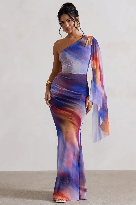 ladies-maxi-dress-handmade-hush-Brisa | Ombre Print Mesh Asymmetric Ruched Maxi Dress