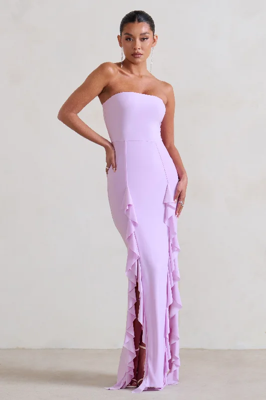 ladies-maxi-dress-beige-bliss-Susan | Lilac Bandeau Maxi Dress With Ruffled Splits