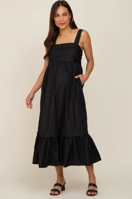 ladies-midi-dress-luxe-lift-Black Pleated Back Tie Maternity Midi Dress