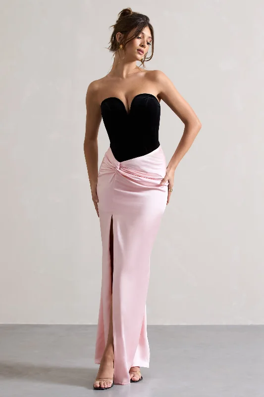 ladies-maxi-dress-buttoned-bliss-Bethany | Black & Pink Corseted Wrap Maxi Dress