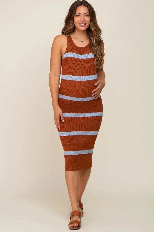 ladies-midi-dress-lightweight-lure-Brown Blue Striped Sleeveless Sweater Maternity Midi Dress