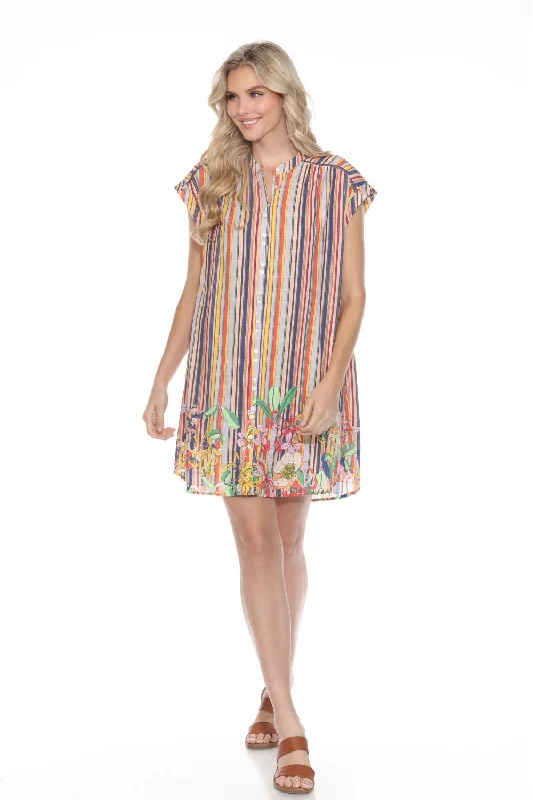 ladies-floral-dress-comfortable-calm-Johnny Was Stripe Floral Button-Down Shift Dress R33524-4