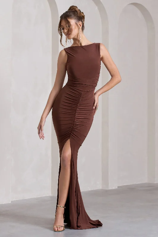 ladies-maxi-dress-mono-muse-My Presence | Chocolate Brown Low-Back Fishtail Split Maxi Dress