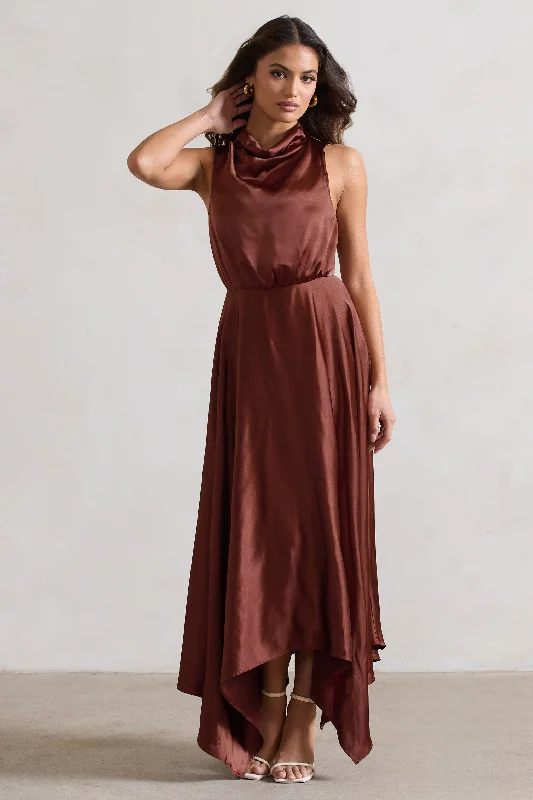 ladies-maxi-dress-bell-sleeve-bloom-Kerri | Chocolate Brown Satin Cowl-Neck Maxi Dress