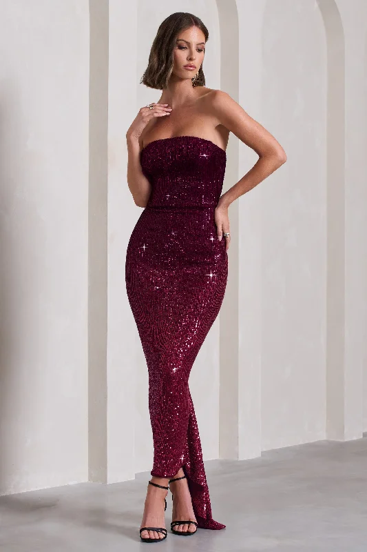 Women's bodycon dress sharp glow -Fade | Berry Ombre Sequin Bandeau Bodycon Maxi Dress