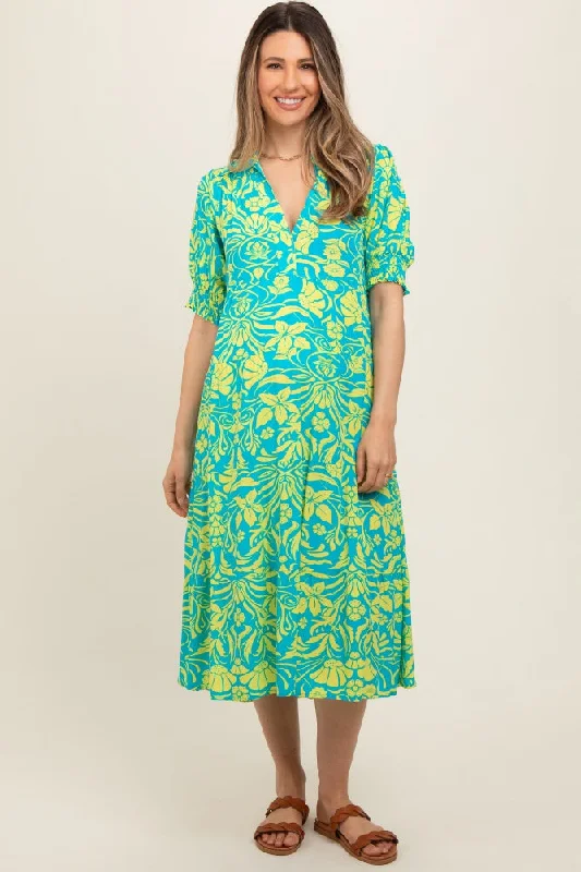 ladies-midi-dress-bold-bloom-Turquoise Floral V-Neck Tiered Maternity Midi Dress