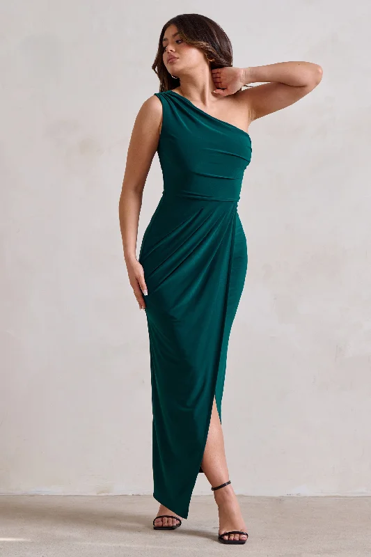 ladies-maxi-dress-value-vision-Athena | Bottle Green One Shoulder Maxi Dress