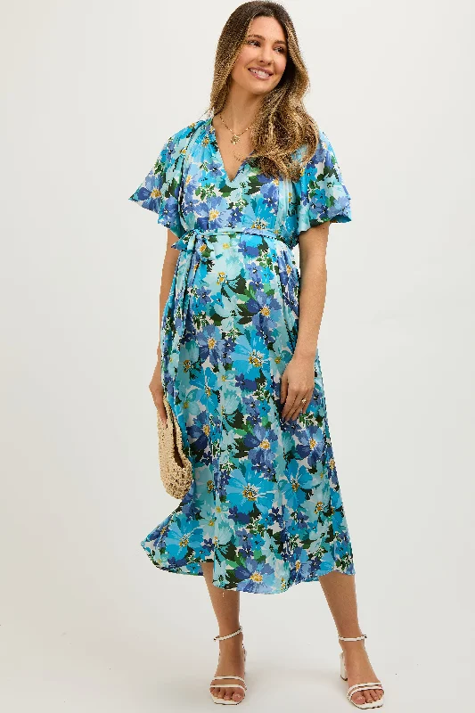 ladies-midi-dress-smocked-sway-Blue Floral V-Neck Short Puff Sleeve Tie Waist Satin Maternity Midi Dress