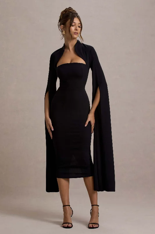 Women's bodycon dress fade glow -Linden | Black Bodycon Cape-Sleeve Midi Dress