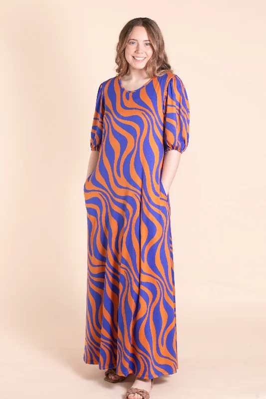 ladies-maxi-dress-ochre-opulence-Remi Blue/Orange Printed Maxi Dress