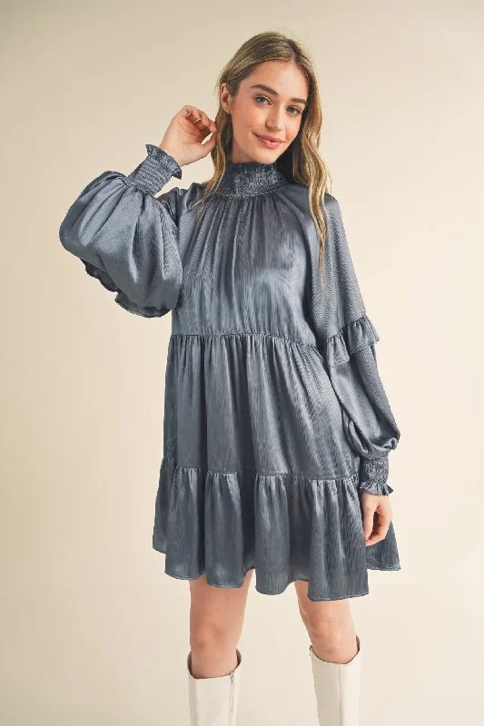 Women's mini dress now pop -Dusty Denim Blue Mock Neck Tiered Mini Dress