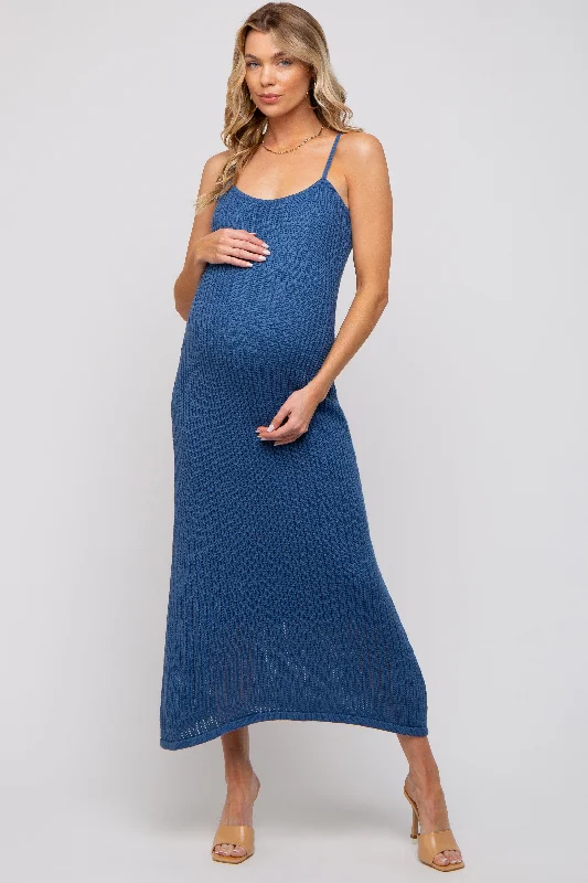 ladies-midi-dress-lace-luster-Navy Open Knit Crochet Maternity Midi Dress