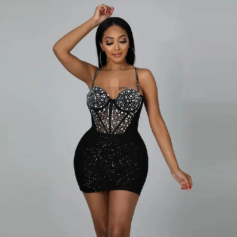 Women's party dress sexy vibe -Ladies Fashion Suspender Polyester Mesh Hot Drill Stitching Bead Piece Party Buttock Dress S S4616826