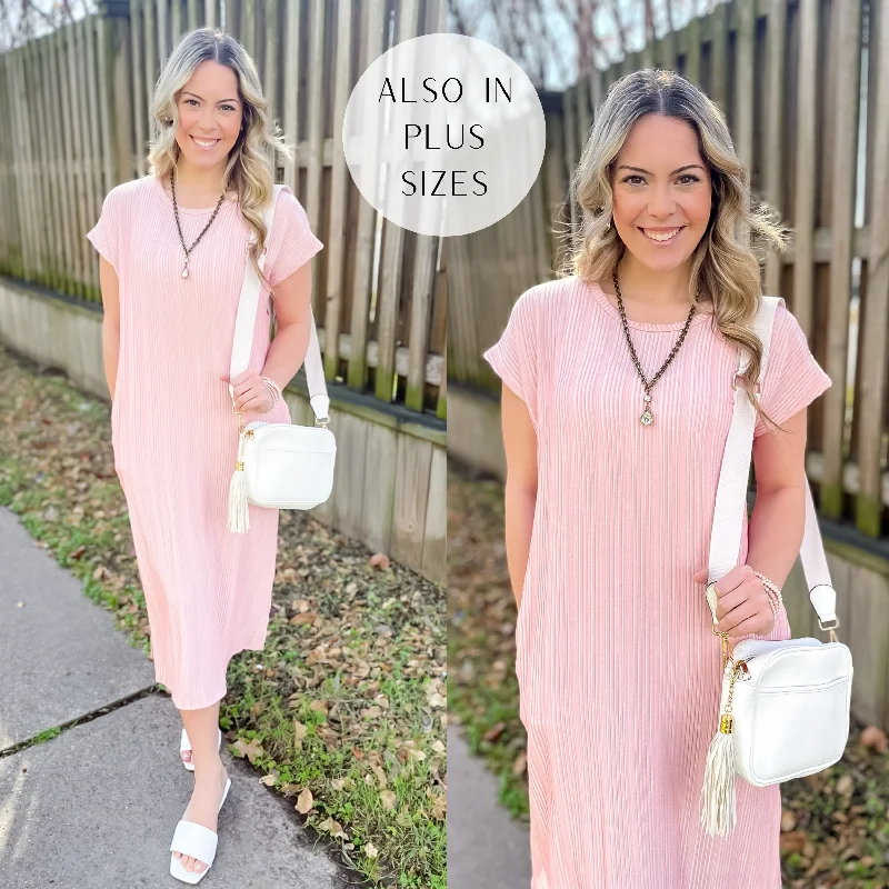 ladies-midi-dress-tie-front-twirl-The More You Know Short Sleeve Ribbed Midi Dress in Pink