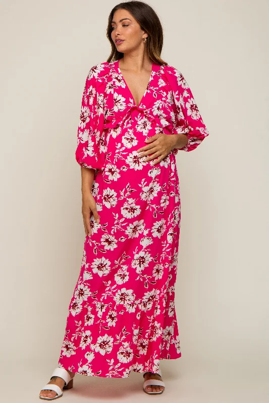 ladies-midi-dress-tropical-tango-Fuchsia Floral V-Neck Dolman 3/4 Sleeve Maternity Midi Dress