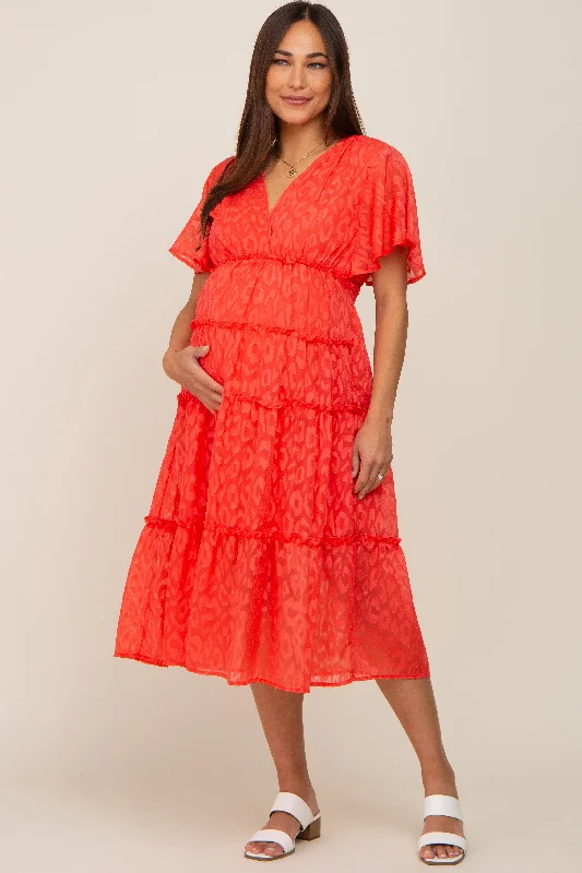 ladies-midi-dress-sweetheart-sweep-Coral Chiffon Animal Print Tiered Maternity Midi Dress