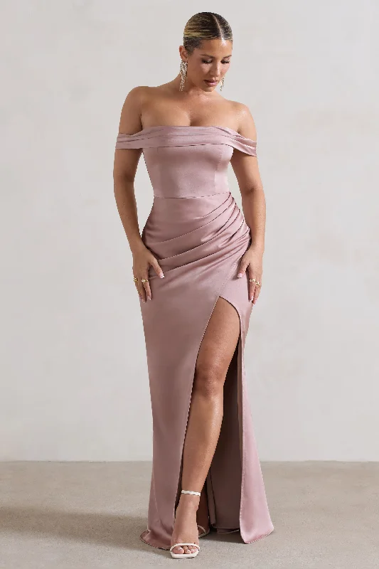 ladies-maxi-dress-mauve-mirth-Katia | Blush Pink Satin Bardot Maxi Dress