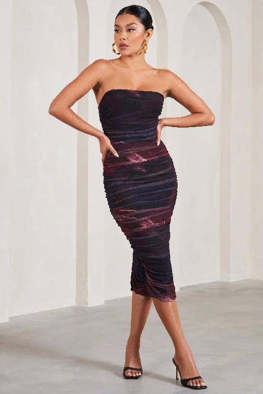 Women's bodycon dress flap glow -My Girl | Plum Print Strapless Bodycon Ruched Mesh Midi Dress