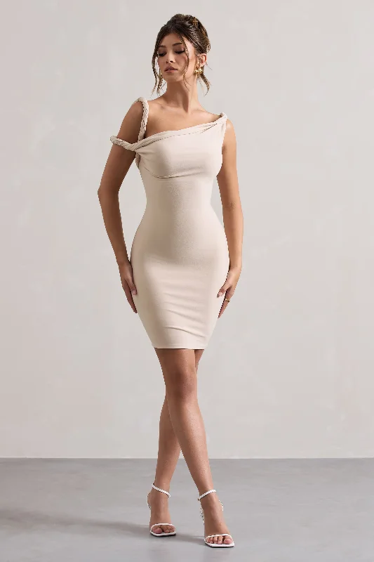 Women's bodycon dress shape glow -Tali | Champagne Twisted Asymmetric Bodycon Mini Dress