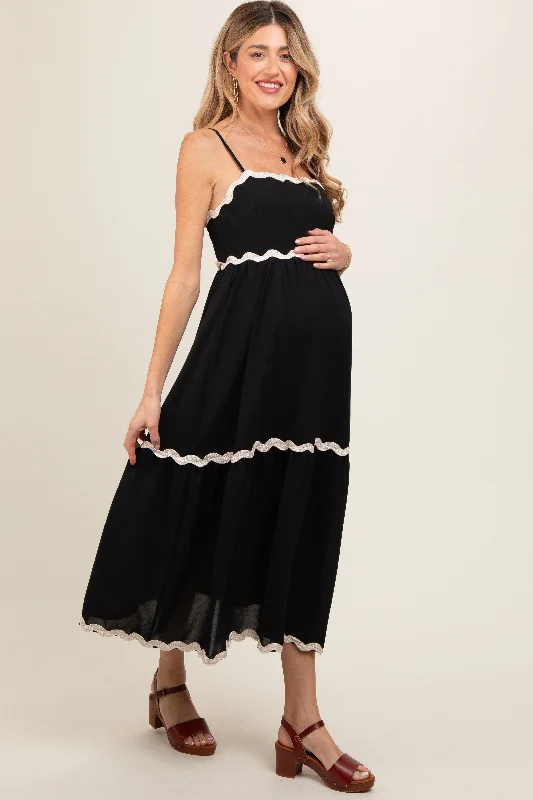 ladies-midi-dress-feminine-flutter-Black Ric Rac Trim Tiered Maternity Midi Dress